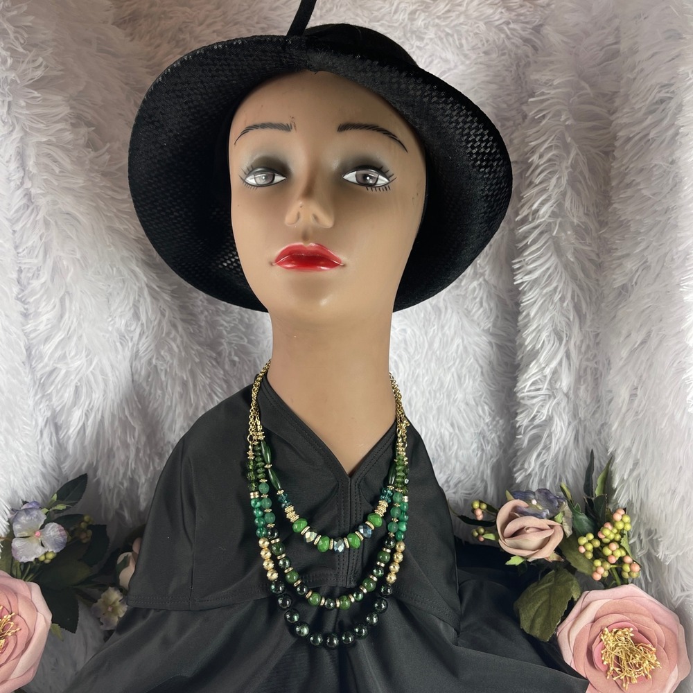 Unbranded MultiStrand Beaded Necklace Women OS Green Gold Tone Layered Statement
